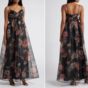 Lulus Truly Extraordinary Black Floral Organza Pleated Maxi Dress NWT